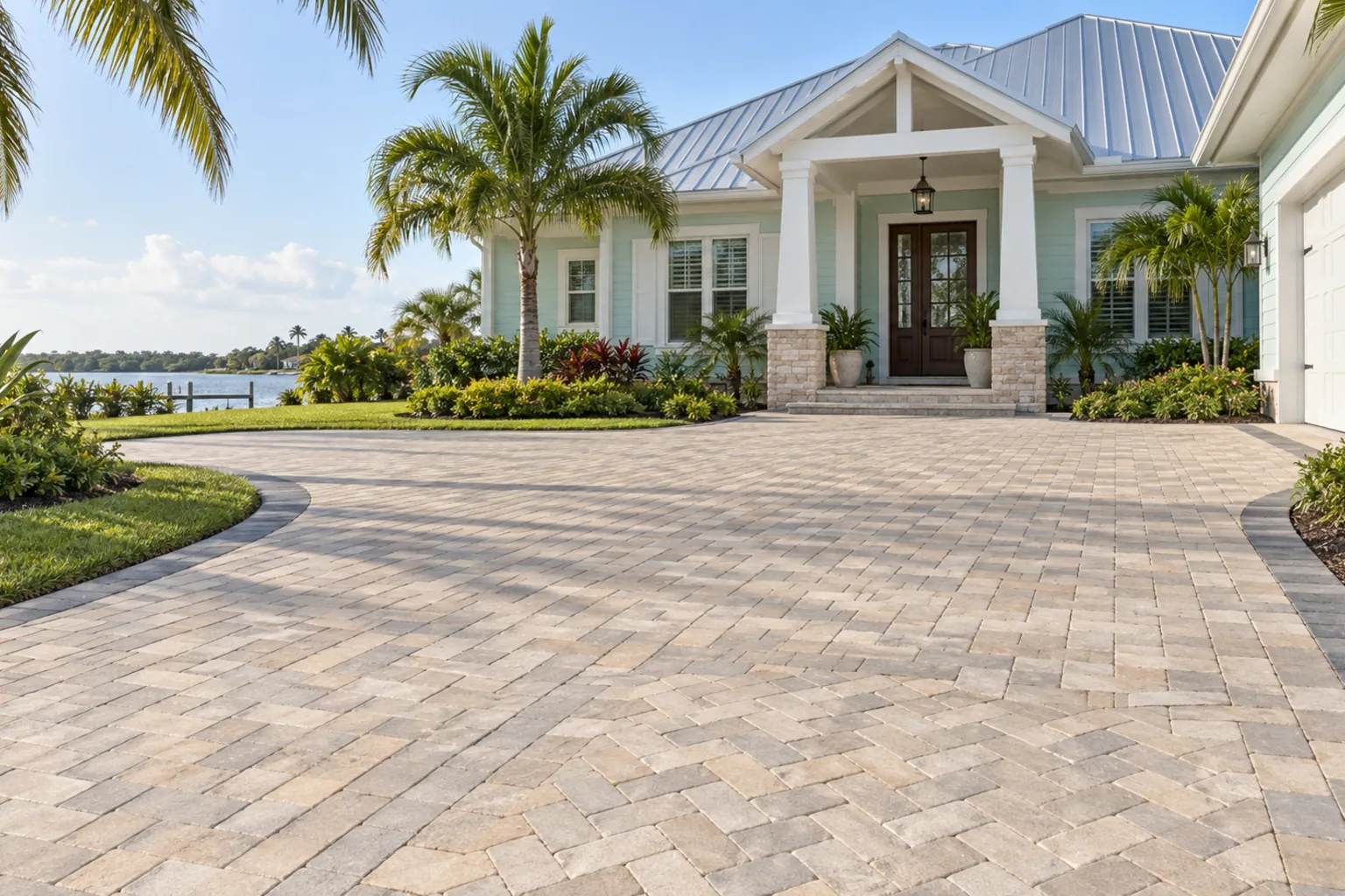 Sand-colored paver driveway and porch approach at a coastal-style home