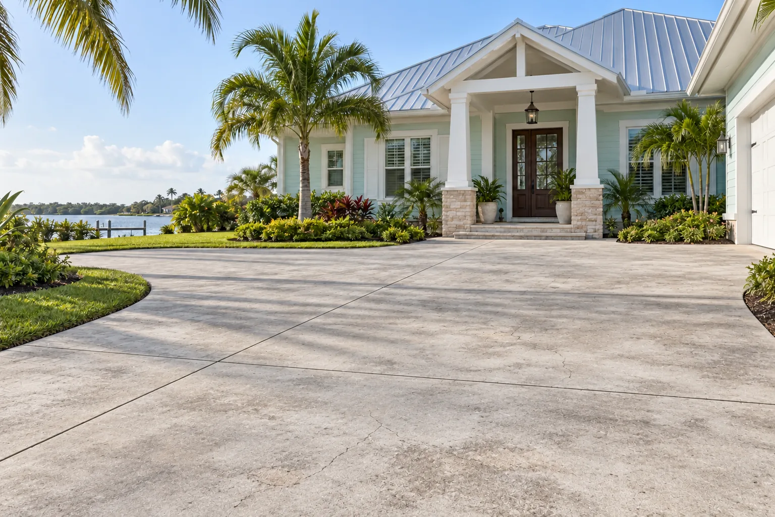 Weathered concrete driveway and porch approach at a coastal-style home