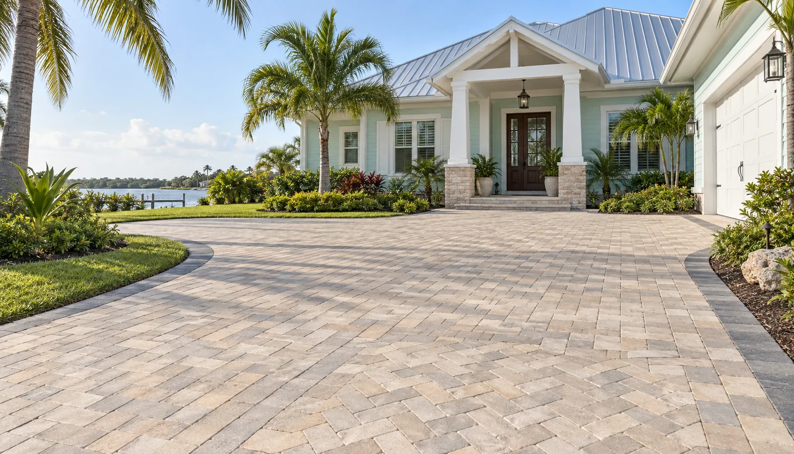 Illustration of a sand-colored paver driveway and porch approach at a Fort Pierce style coastal home