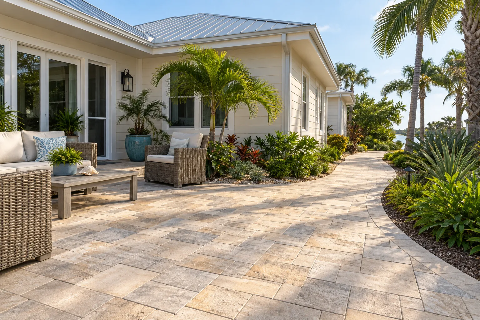 Sand-colored paver patio beside a cream coastal home with a metal roof and garden seating