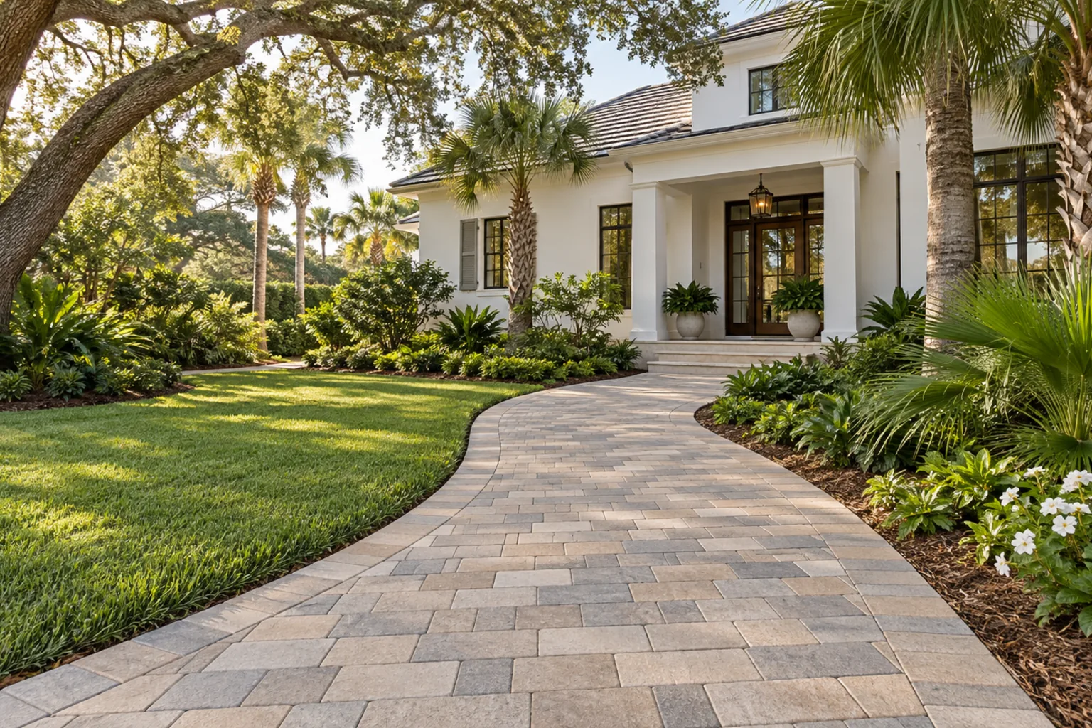 Warm gray paver front walk beneath mature trees beside a white home