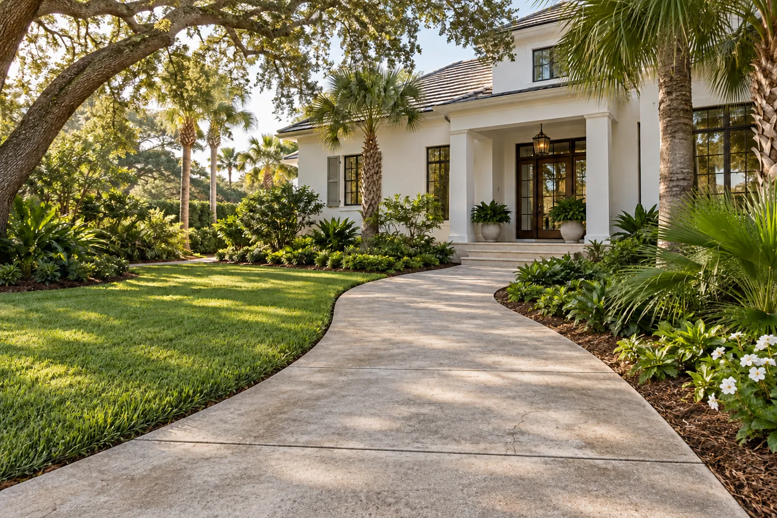 Aged concrete front walk curving through shaded planting beds toward a white home