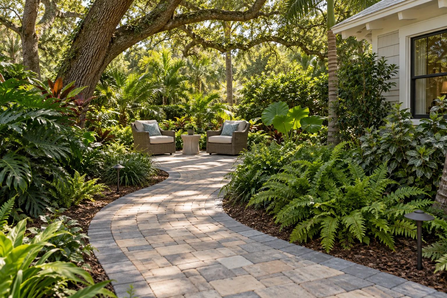 Curved paver garden path leading to two chairs beneath a spreading shade tree