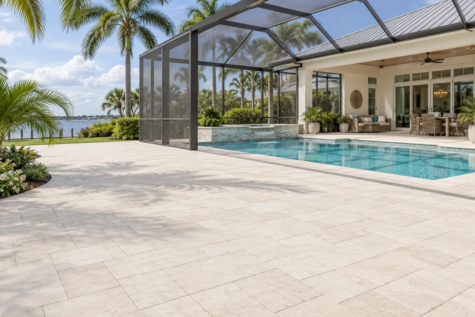 Pale ivory paver pool deck beside a screened lanai and coastal-style home