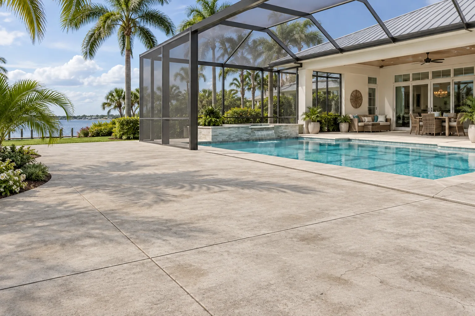 Weathered concrete pool deck beside a screened lanai and coastal-style home