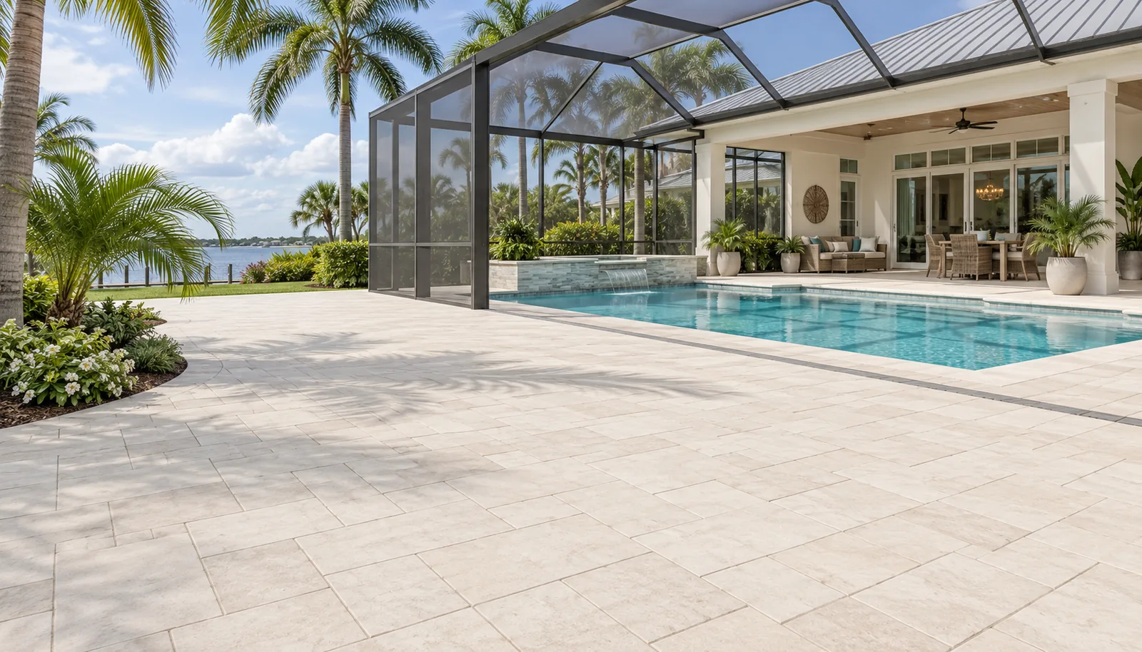 Illustration of an ivory paver pool deck at a Jensen Beach style screened lanai