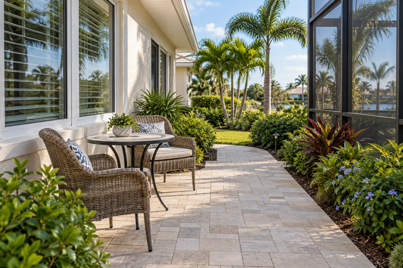 Compact pale paver patio with two chairs and a small table beside a screened lanai