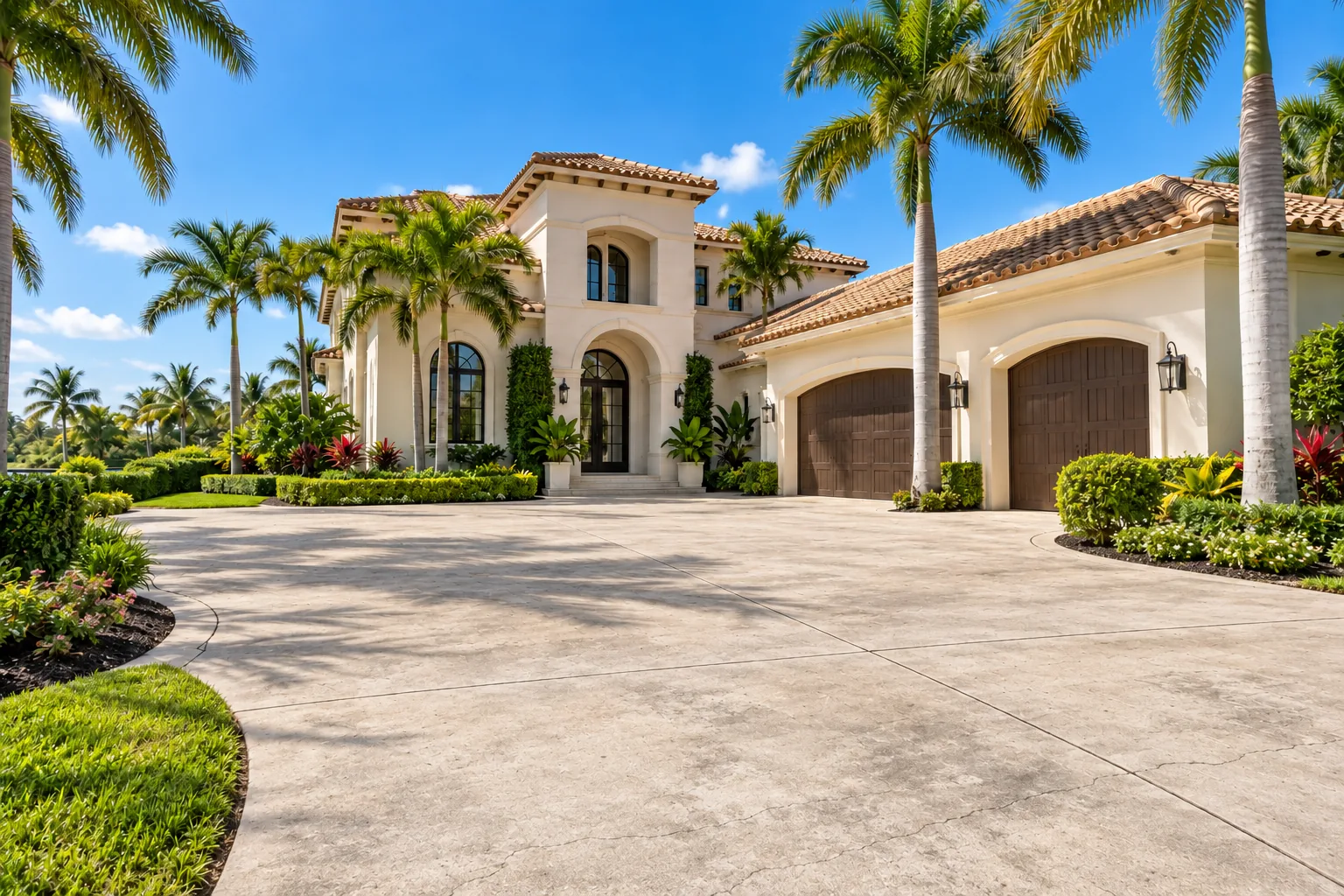 Weathered concrete driveway curving toward a cream stucco home with palms and tropical planting