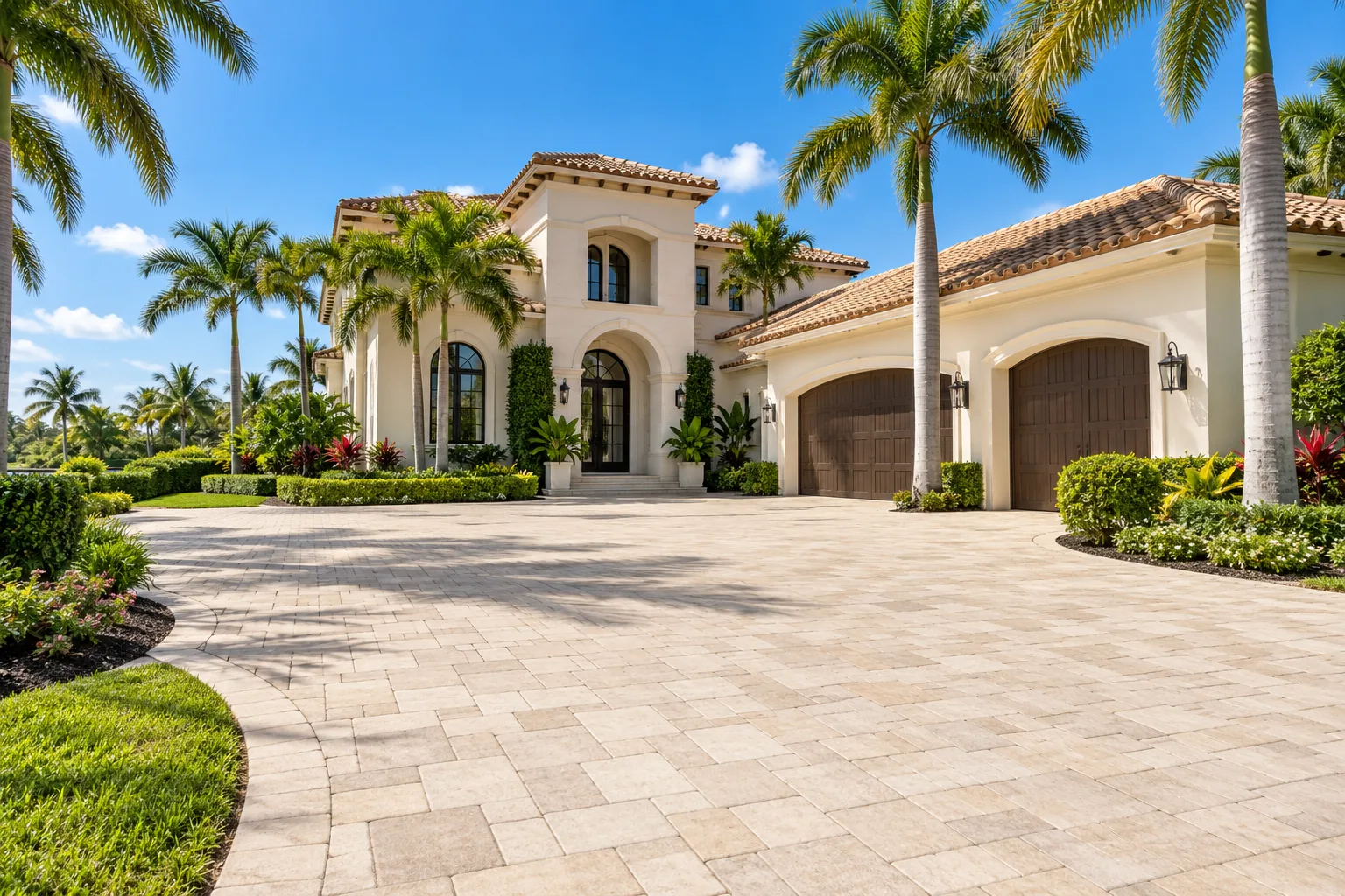 Jupiter-style home with a light-colored paver driveway and tropical landscaping