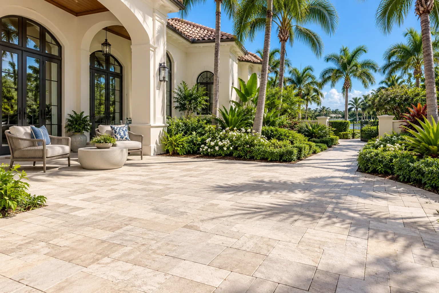 Pale paver patio and garden walkway beside an arched covered porch with outdoor seating and palms