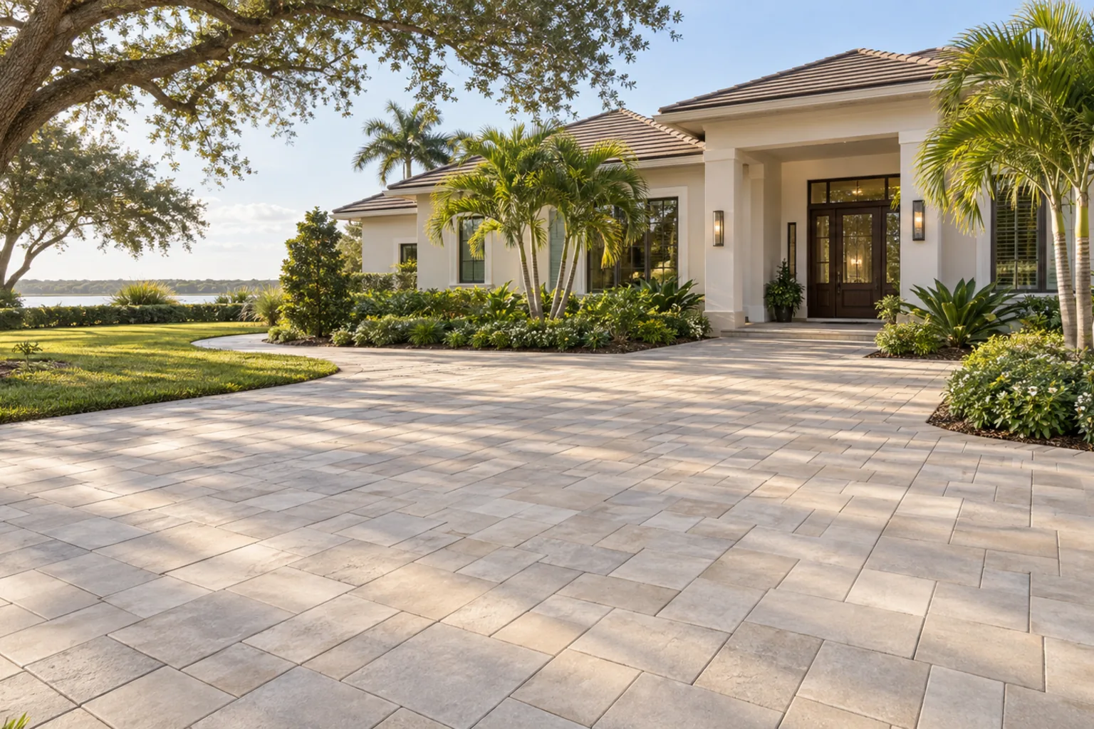 Pale sand paver entry patio and connecting garden walk beside a landscaped home