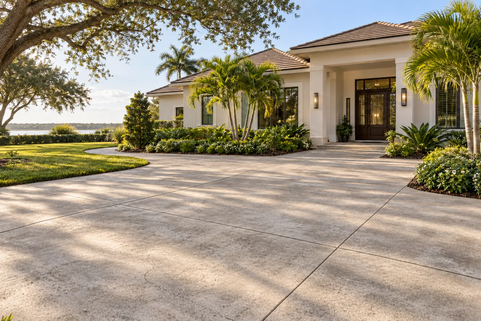 Weathered concrete entry patio and connecting walk beside lawn and mature trees