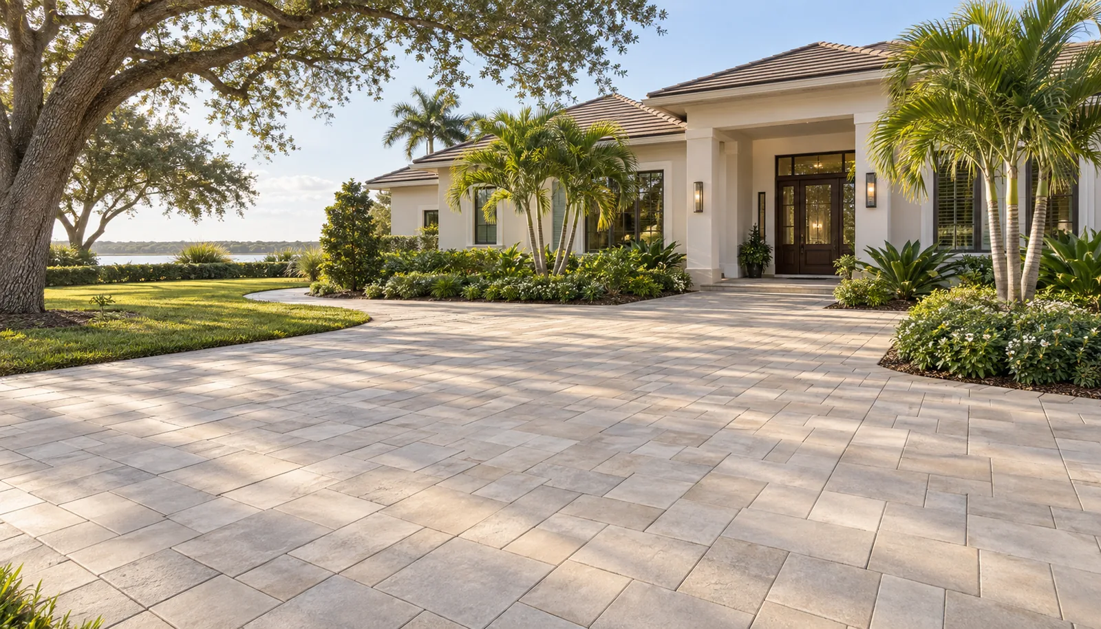 Illustration of a pale sand paver patio and garden path at a large-lot Martin County home