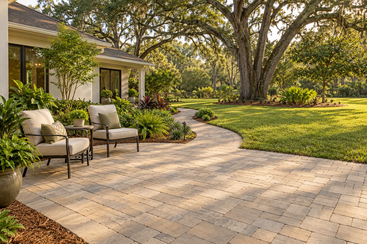 Pale tan paver patio and garden path beside a modest home with mature oaks and broad lawn