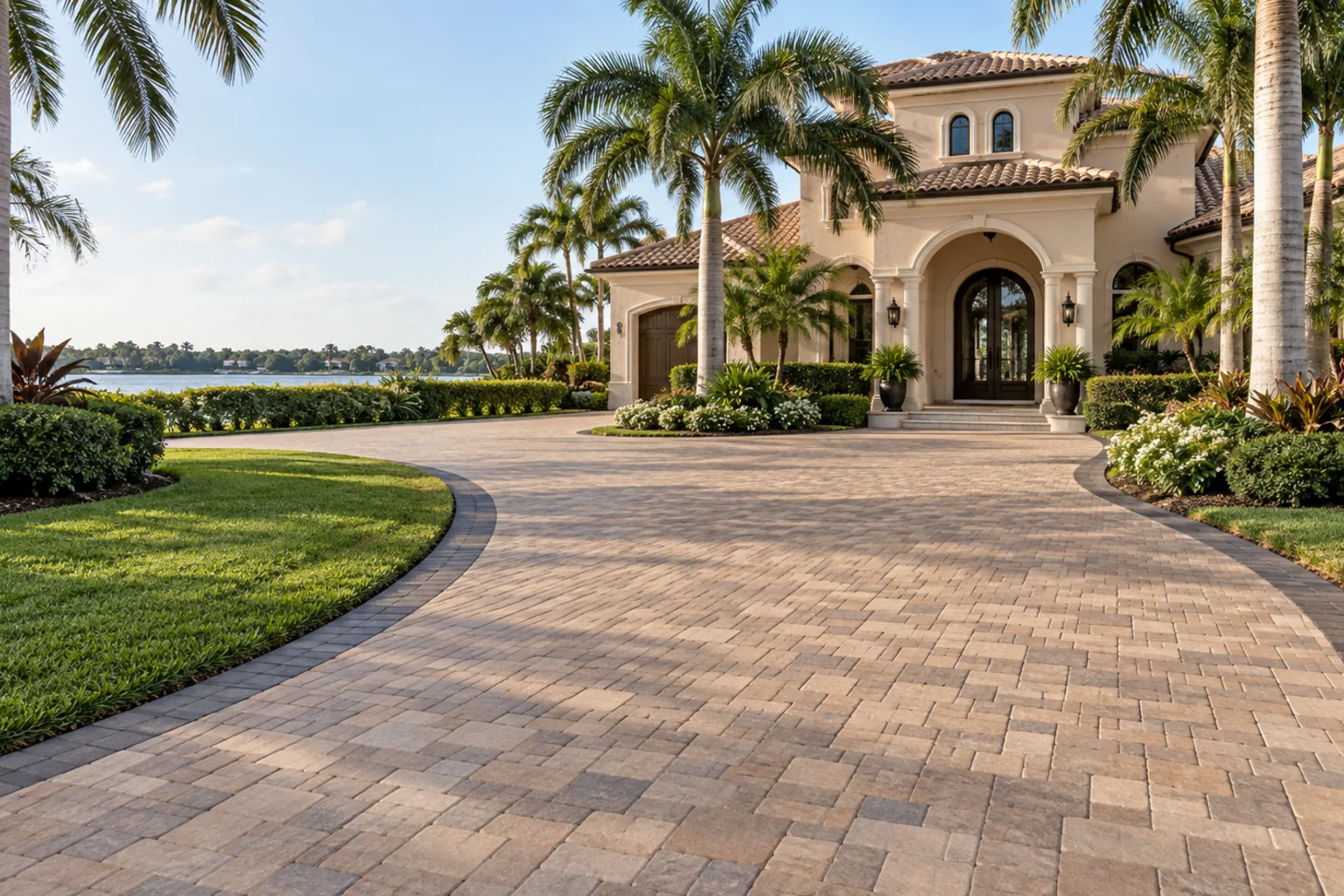 Curving paver driveway with a contrasting border beside palms and a stucco home