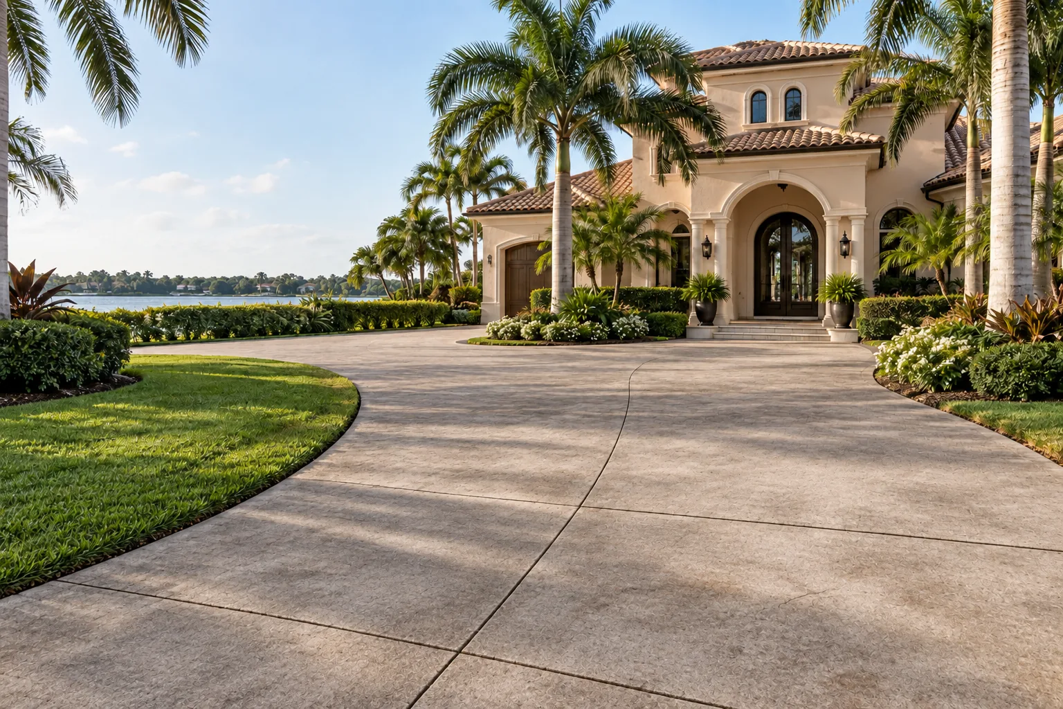 Lightly stained concrete driveway curving toward a stucco home between palms and lawn
