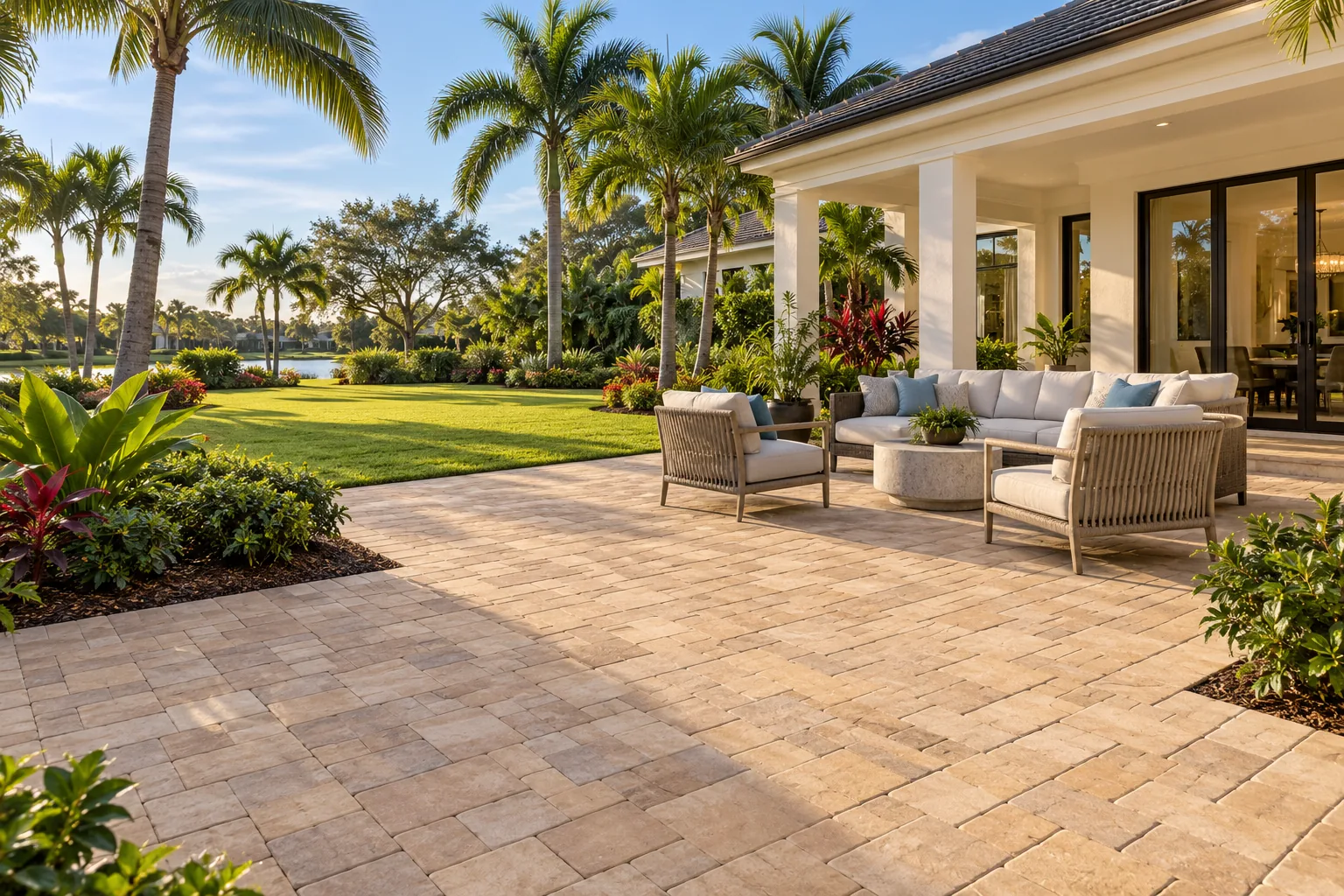Warm tan paver patio with cushioned outdoor seating overlooking a broad lawn and palms