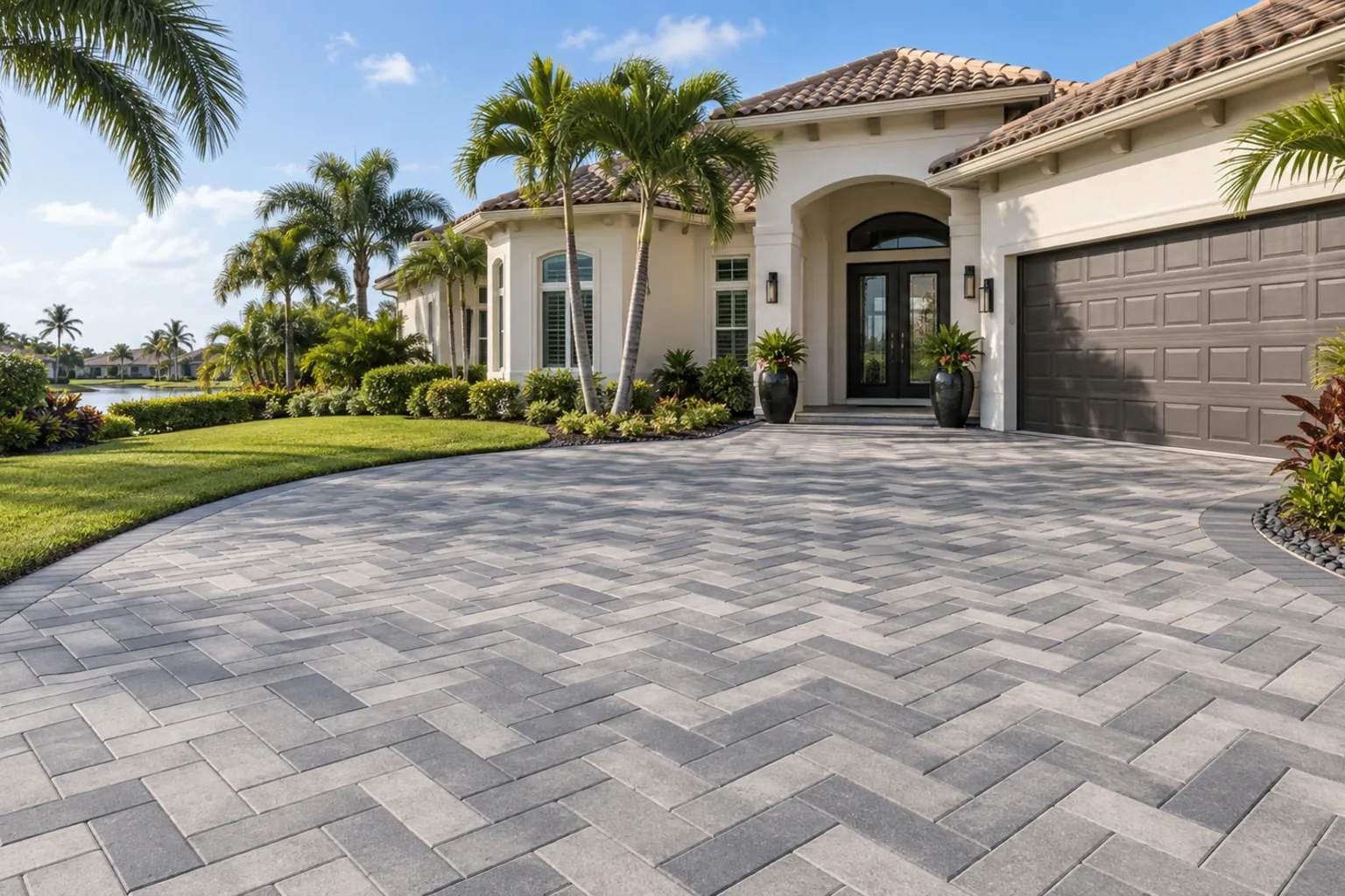 Silver and charcoal paver driveway beside a Florida home and palms