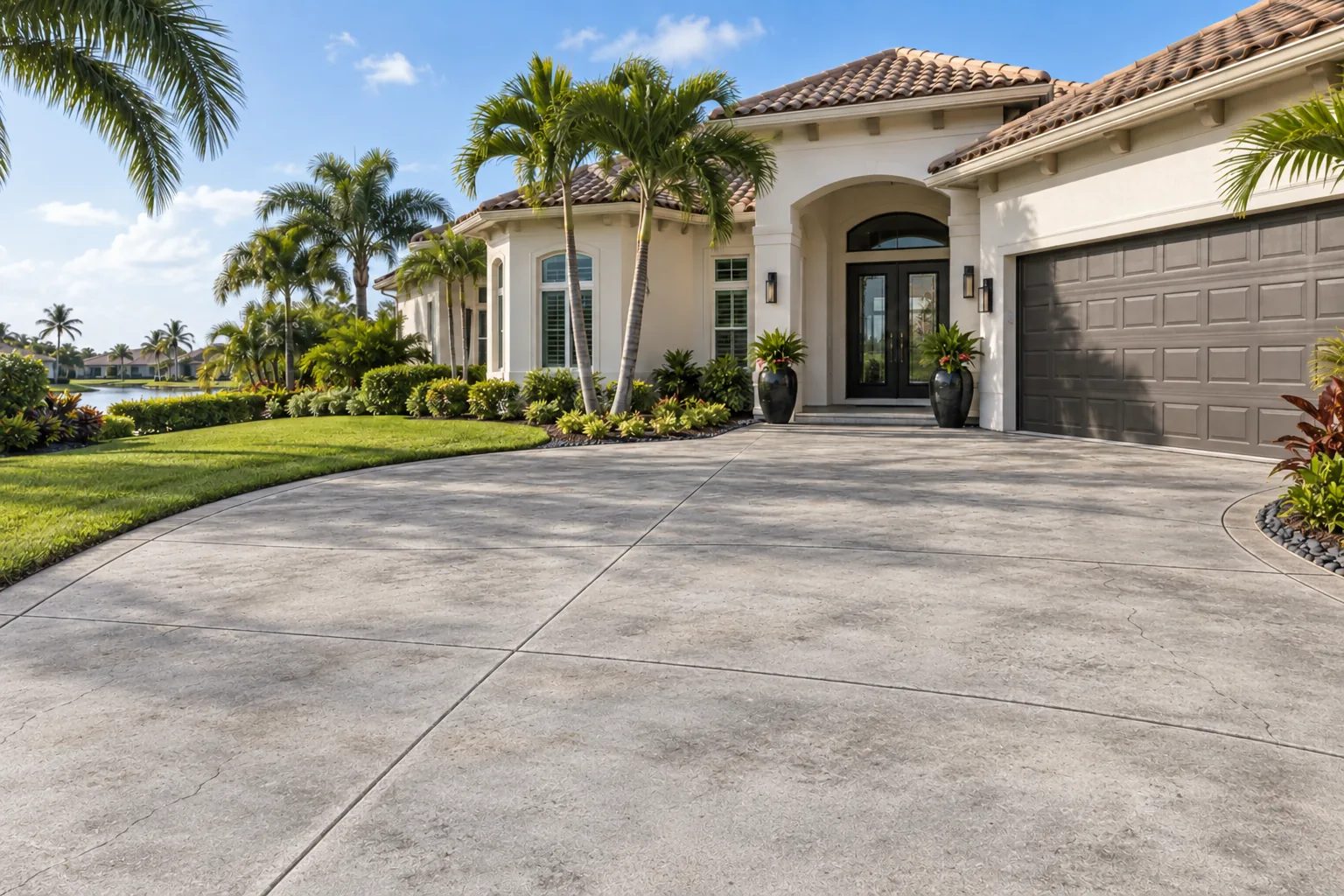 Aged concrete driveway with light staining beside a Florida home and palms