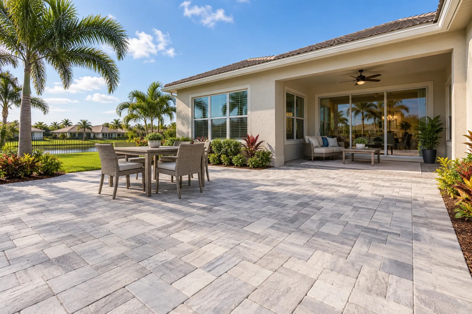 Gray paver patio with outdoor seating beside a stucco home and palm-lined lawn
