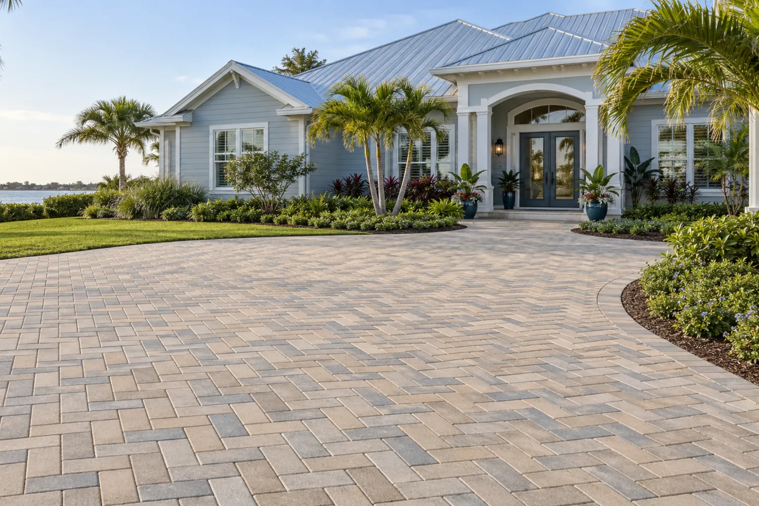 Sand and gray paver driveway with a curved border beside a Florida home