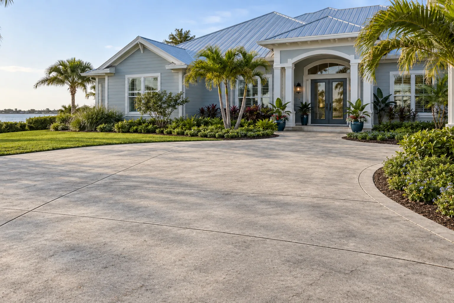 Lightly stained concrete driveway and curved entry approach beside a Florida home