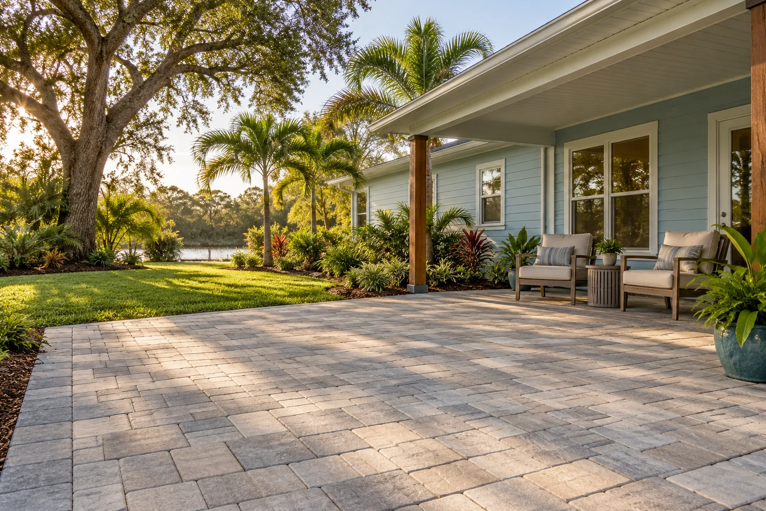 Sand and gray paver patio beside a light-blue home with a covered porch and outdoor chairs