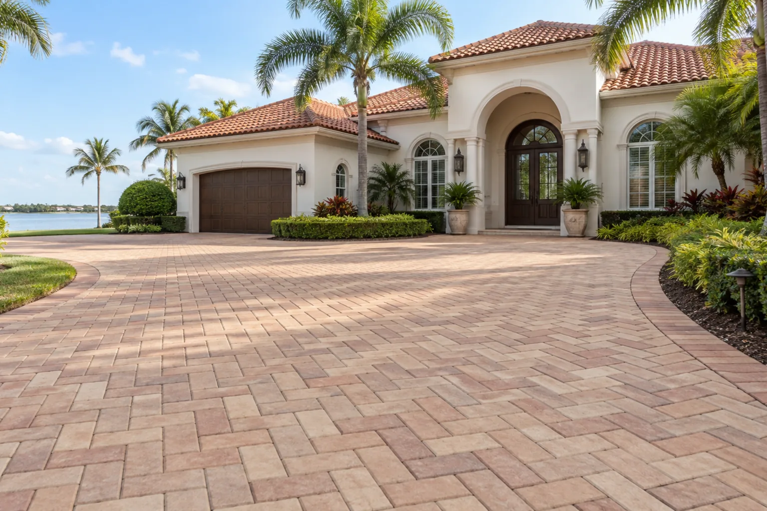 Warm sand and rose paver entrance courtyard beside a landscaped home