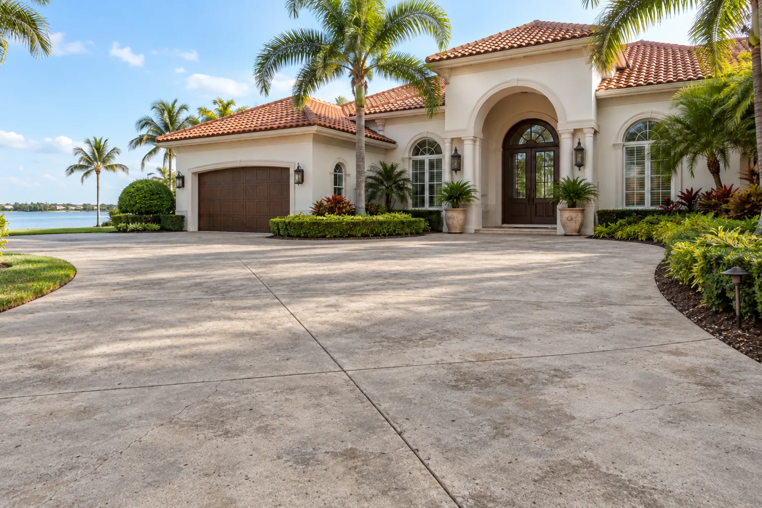 Aged concrete entrance courtyard beside a home with mature landscaping