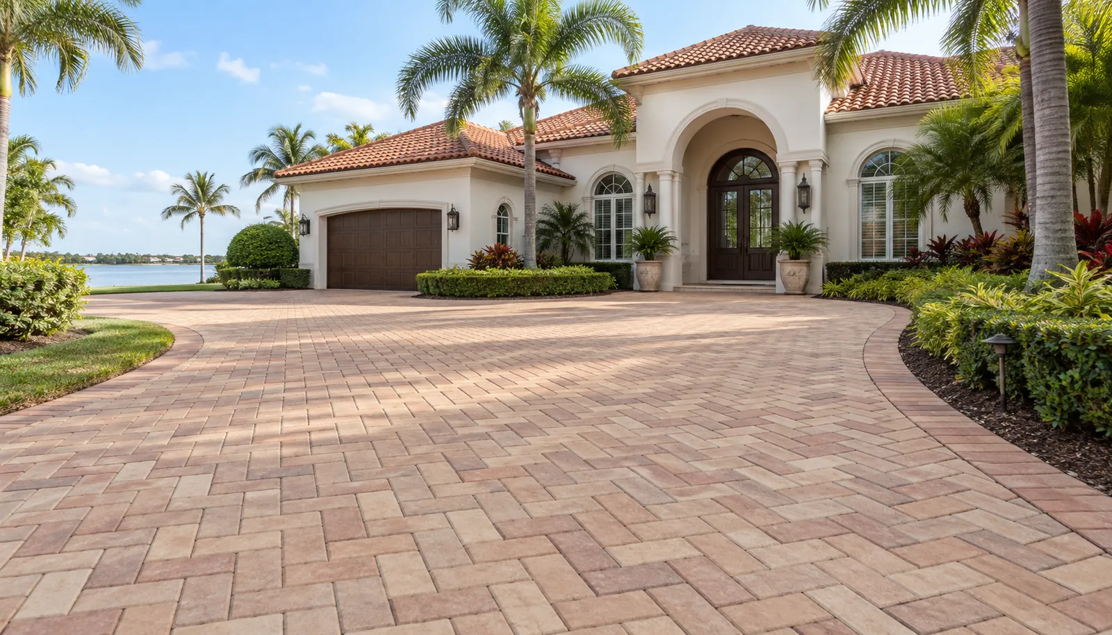 Illustration of a warm sand and rose paver courtyard at a Stuart style home