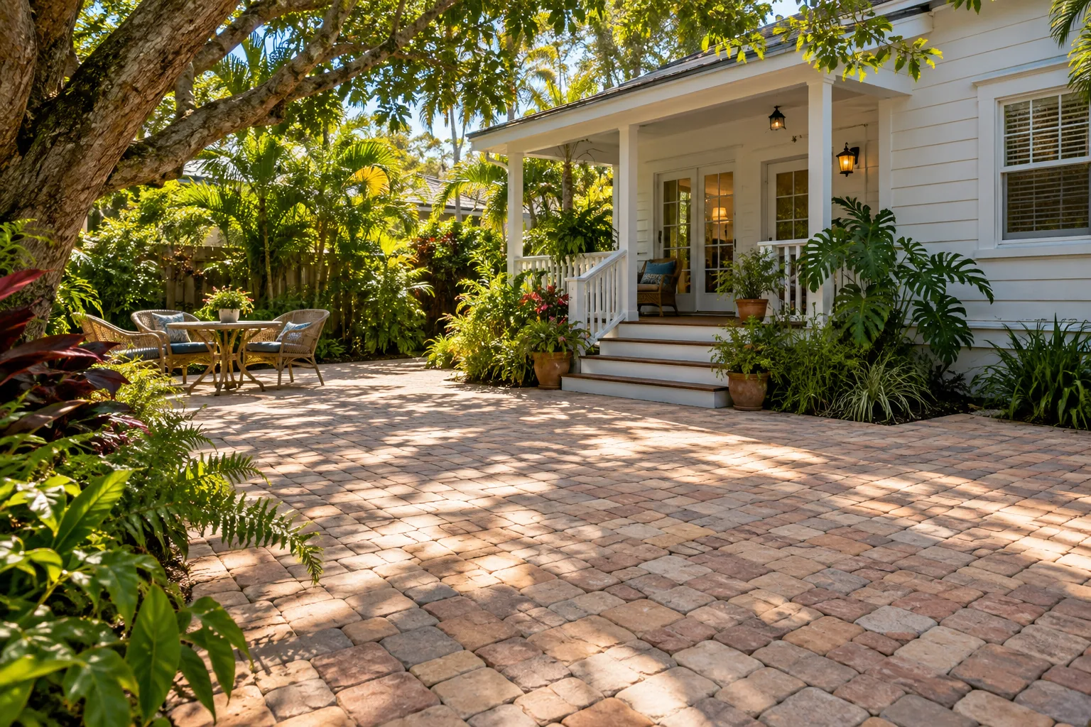 Warm-toned paver garden patio beside a white cottage with mature shade trees