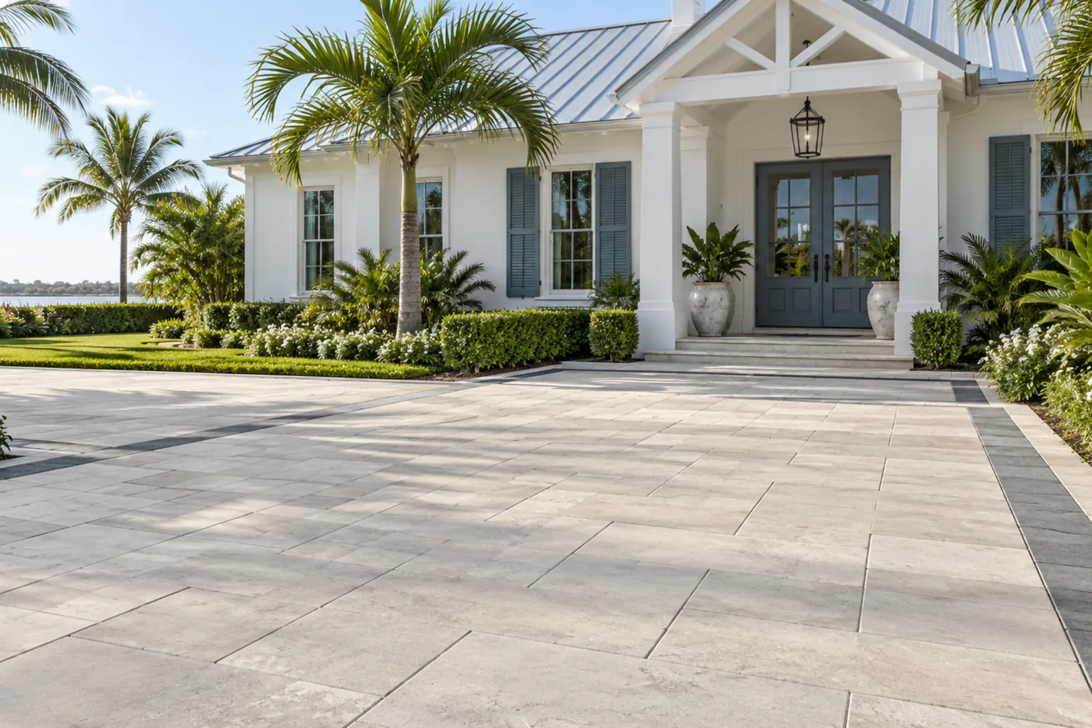 Pale paver entry courtyard with dark border strips at a white coastal-style home