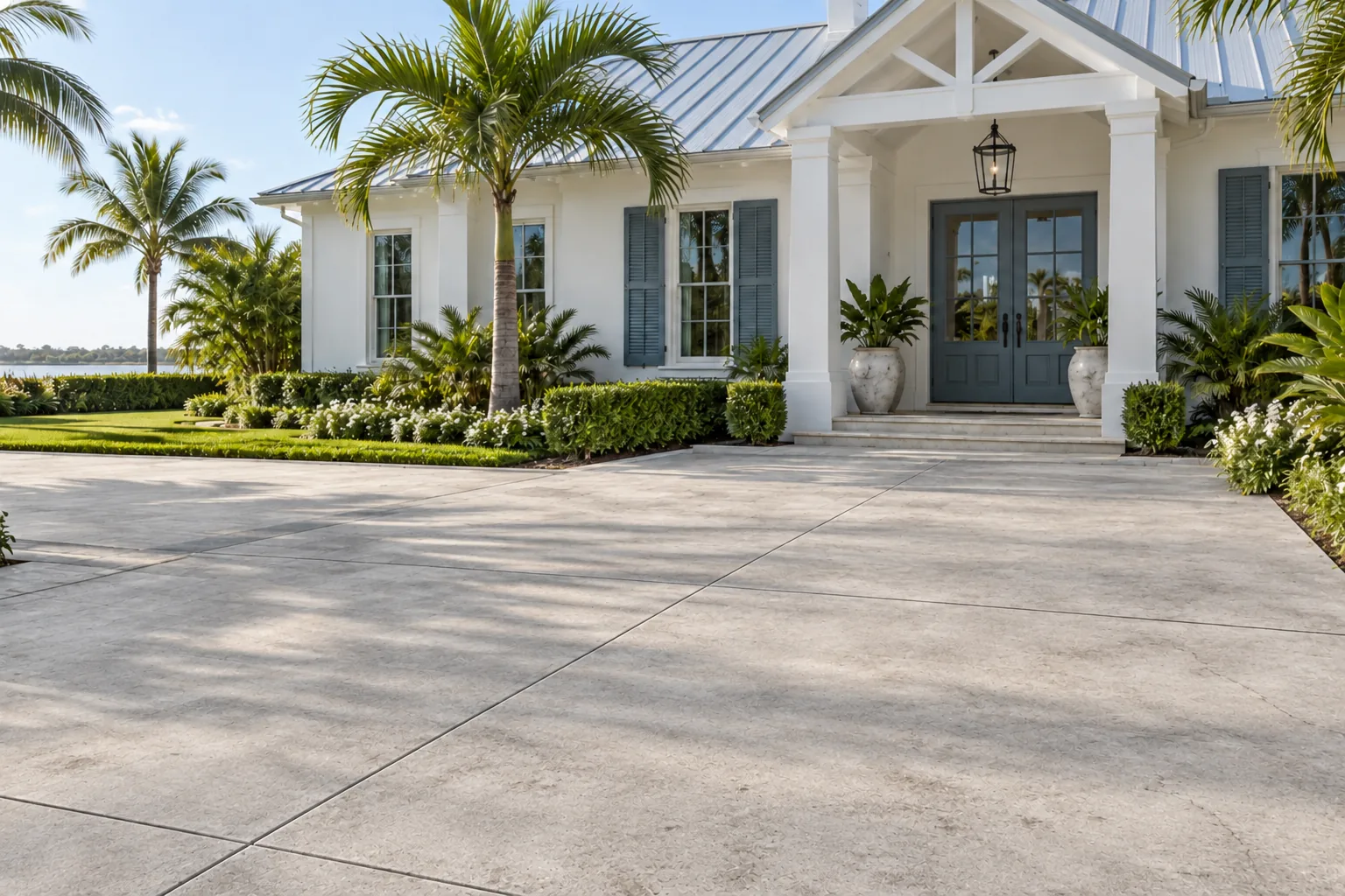 Aged concrete entry courtyard and walk at a white coastal-style home with palms