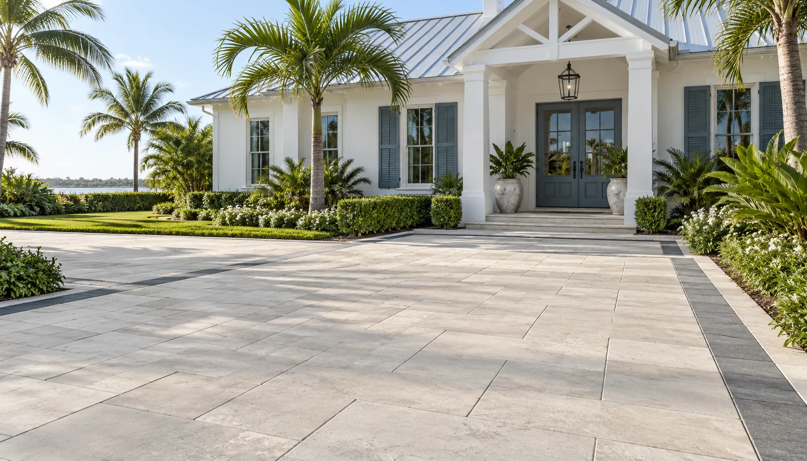 Illustration of a pale paver entry courtyard at a white Vero Beach style coastal home