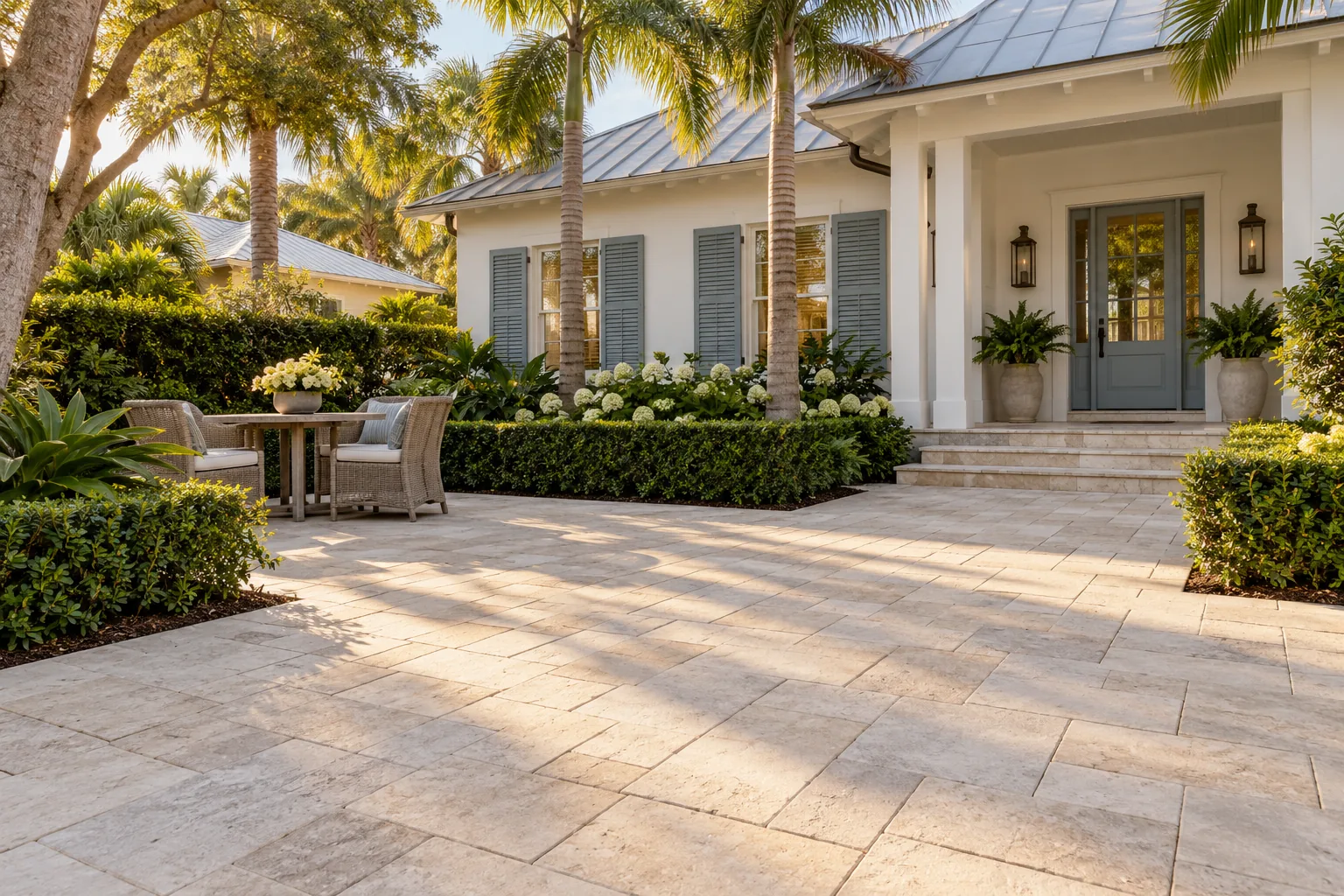Pale paver courtyard with garden seating beside a white cottage with blue-gray shutters