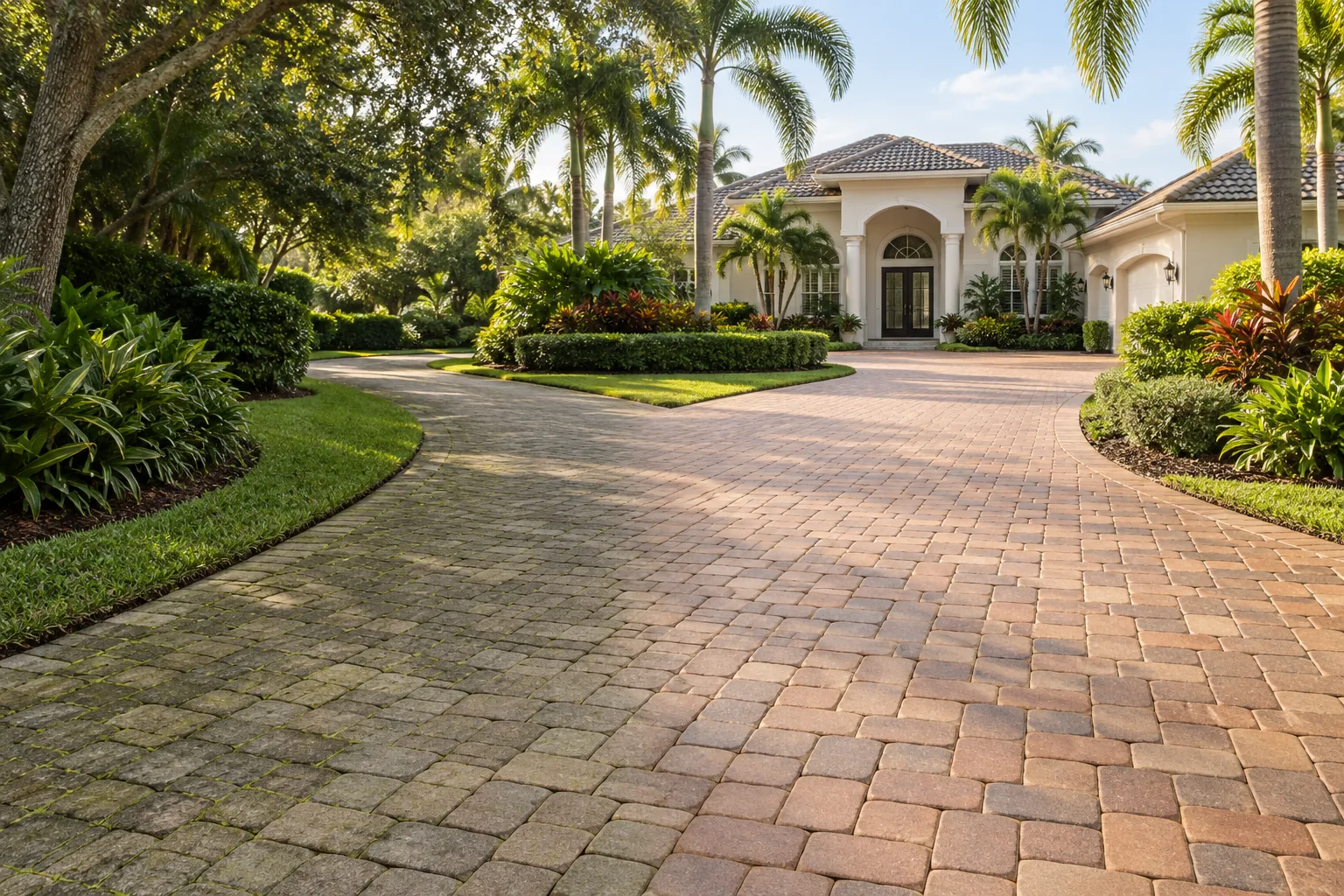 Paver driveway at a palm-lined Florida home