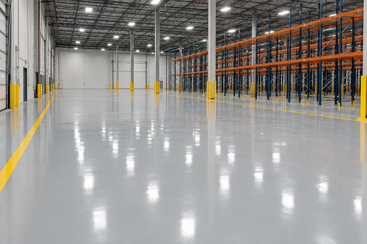 Glossy light gray coated warehouse floor with yellow safety lines and steel racking