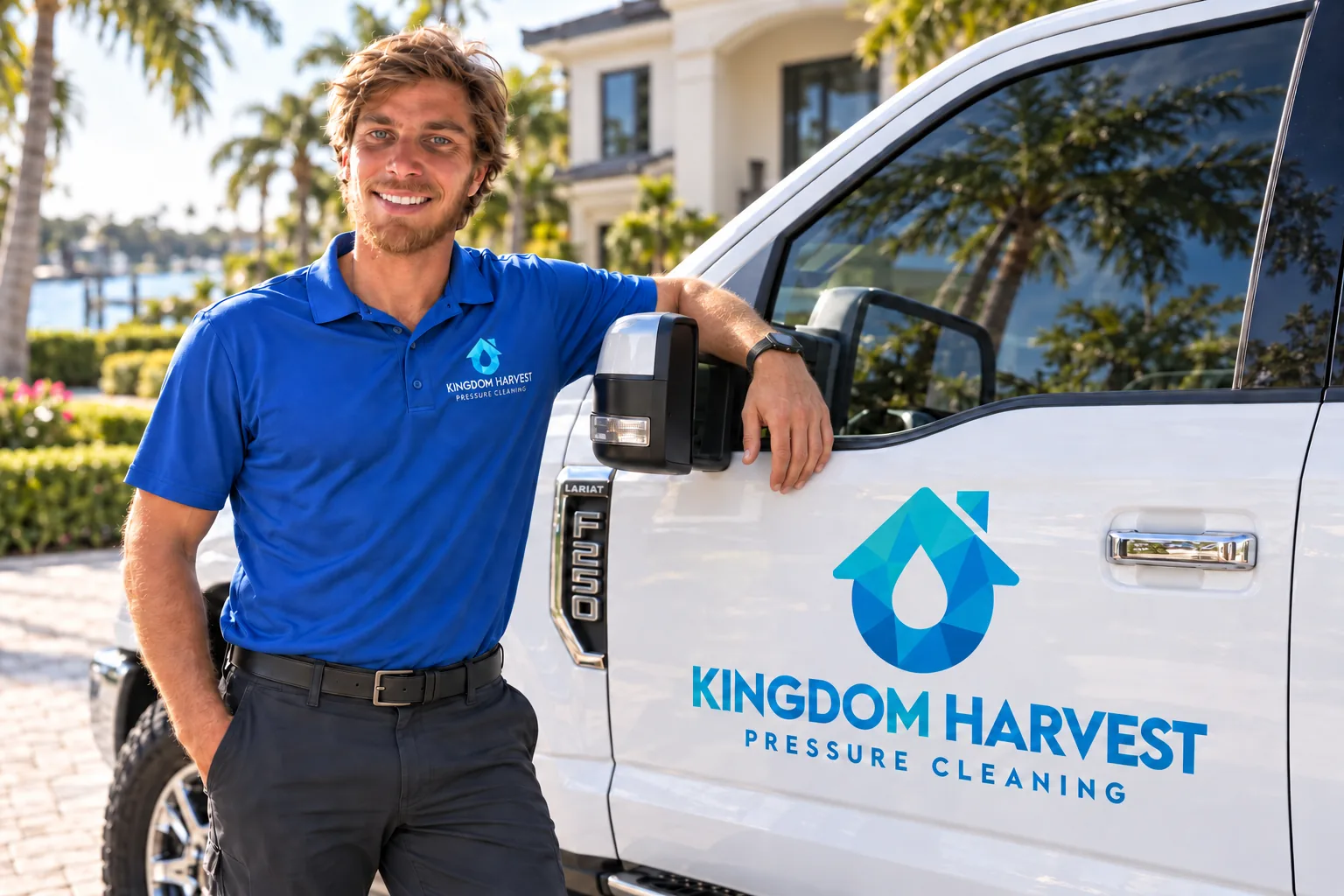 Evan of Kingdom Harvest beside his branded work truck