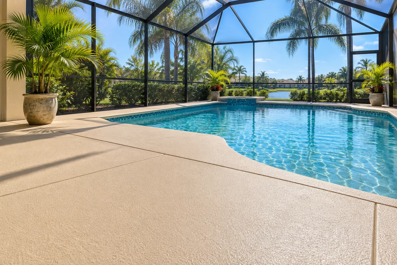 Tan textured coating on a pool deck inside a screened Florida lanai