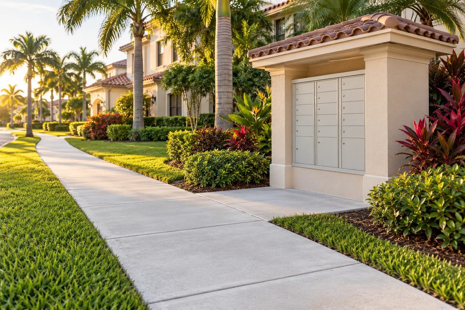 Clean sidewalk and mail kiosk in a Florida HOA neighborhood