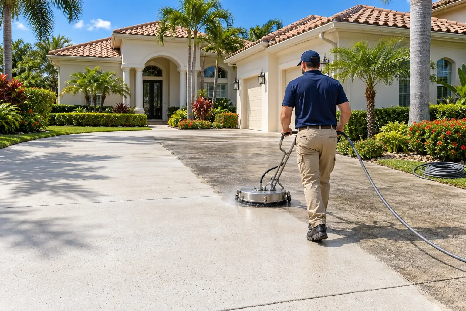 Pressure washing a concrete driveway at a Port St. Lucie, FL home