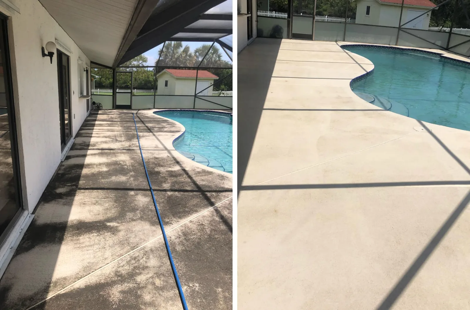 Actual Kingdom Harvest pool deck project showing the surface before and after cleaning