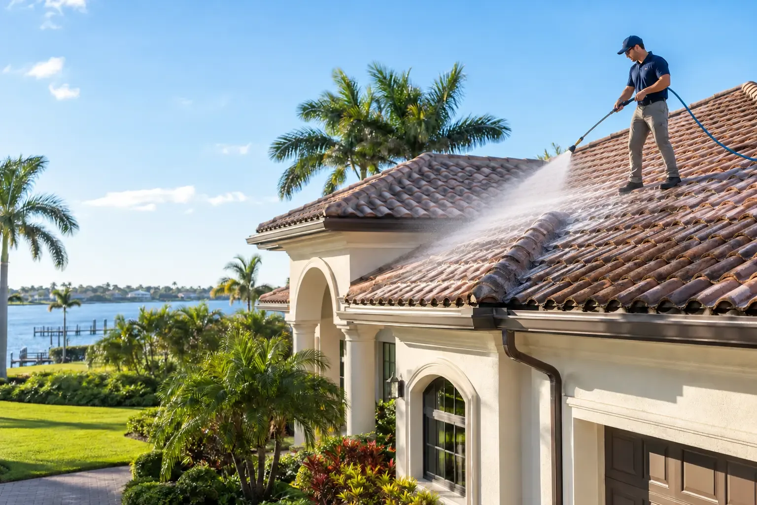 Exterior roof soft washing at a Florida home