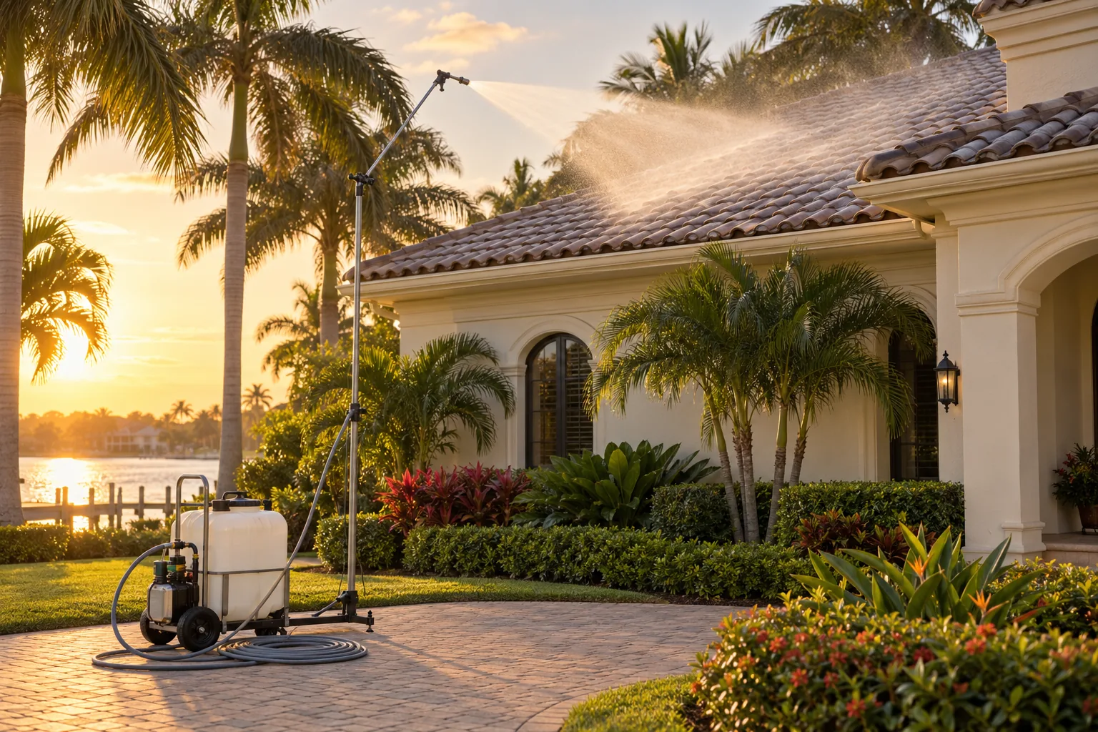 Low-pressure soft wash equipment beside a Florida tile roof